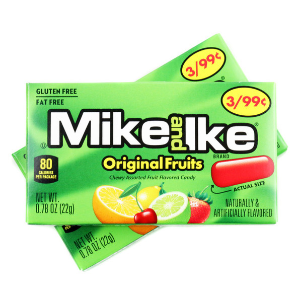 Mike and Ike Original candy, 24 count 0.78oz boxes, multi-colored fruit chews, display box.