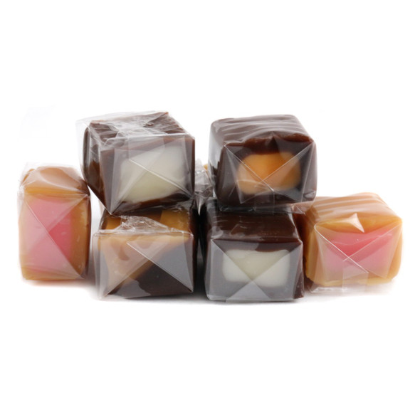 5LB bag of assorted caramel cubes. Strawberry, mint, orange cream, chocolate vanilla flavors. Roughly 375 colorful sharing caramels.
