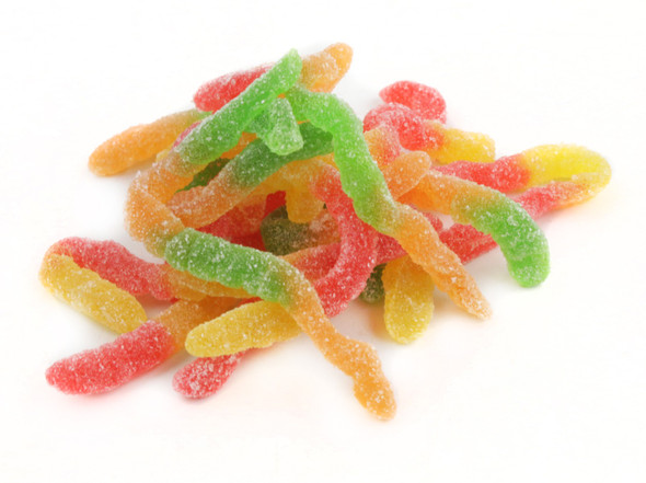 Colorful two-toned Kervan Sour Gummy Worms, sugar-coated, fruity. 4x5lb bulk bags, approx 75 worms per pound, 5 inches.