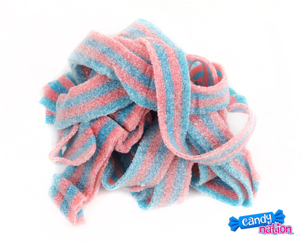 Dorval Sour Belts, cotton candy flavor, with pink and blue stripes. Super sour, 9-inch long belts. 19.8 LB case.