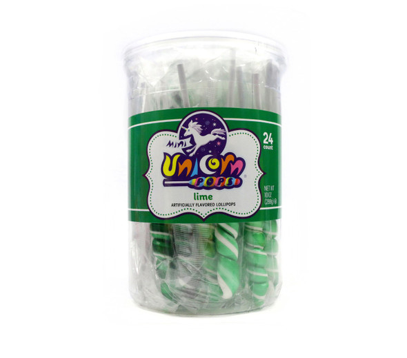 Green mini unicorn lollipops, 6 count pack of 24 pieces, individually wrapped, vibrant lime candy.