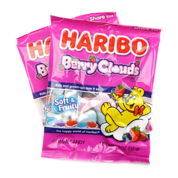 Haribo Gummy Berry Clouds, 12 pack. Soft, triple-layer foam gummies in assorted berry cloud shapes. 16 pieces per 4.1oz bag.
