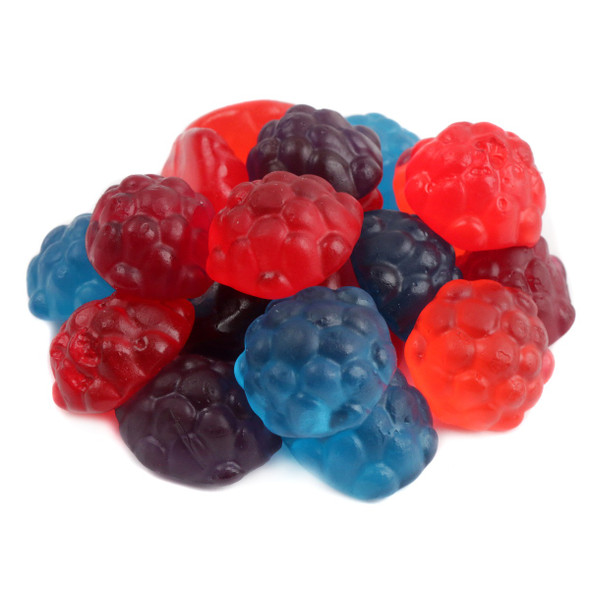 Albanese Mixed Berries 5LB 4 Count gummy candy, red, blue, purple fruit flavors, cherry, strawberry, grape, raspberry.