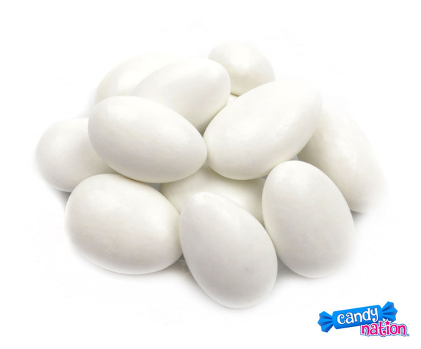 White Jordan Almonds, 10lb case. Elegant crunchy almonds with sweet candy shells, ideal for weddings and buffets.
