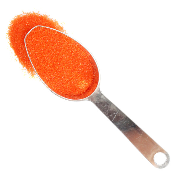 Bright orange sanding sugar crystals, ideal for baking festive Halloween cookies, cakes, and dessert toppings.