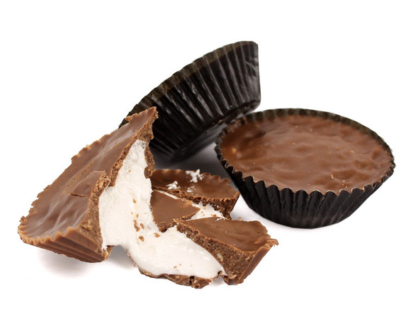 Unwrapped Mallo Cups, 7lb box, 210 individual chocolate coconut candies with whipped marshmallow centers. Made in USA.