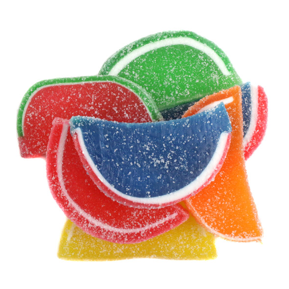 Assorted fruit slices, sugar-sanded, soft, chewy. Bright orange, lemon, lime, cherry, blue raspberry colors.