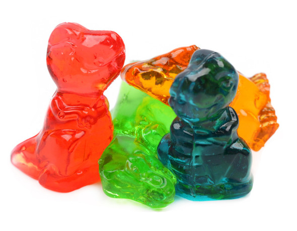 3D Gummy Dinosaurs, 2.2LB bag, assorted red cherry, green apple, orange, blue raspberry candy shapes.