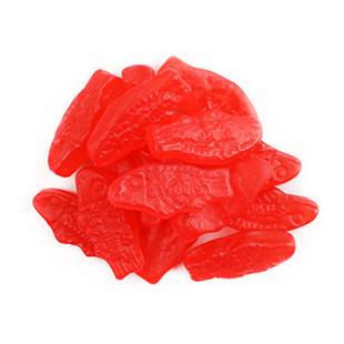 Bright red mini Swedish Fish candies, 5lb bags, 6 count.