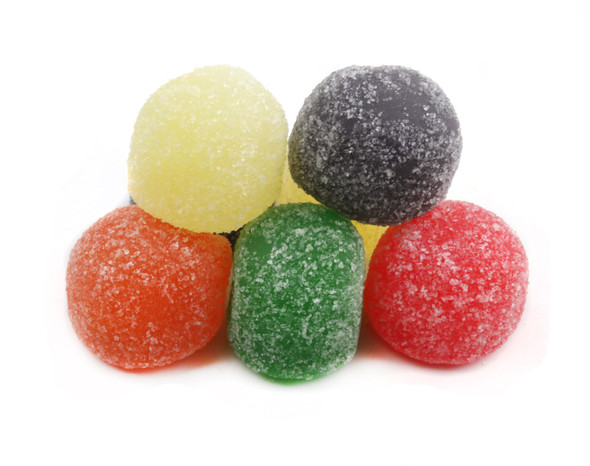 Assorted Giant Gumdrops 30lb box, plump jelly retro candy. White, red, green, yellow, orange, dark purple, sugar crystals, 1-inch.