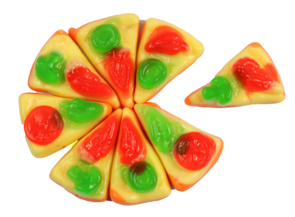 12 Count Gummy Pizza, realistic bite-size slices with red tomato, green pepper, and white mushroom gummy toppings, 2.2LB bags