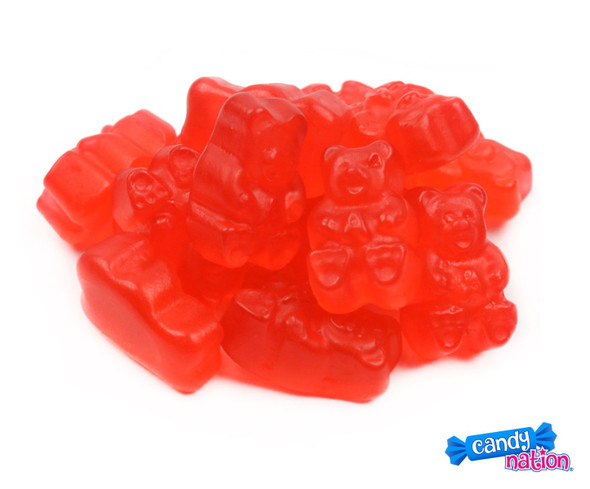 Bright red, strawberry-flavored gummy bears, 5lb bag. Chewy, 1-inch long candy. Approx 145 bears per pound.