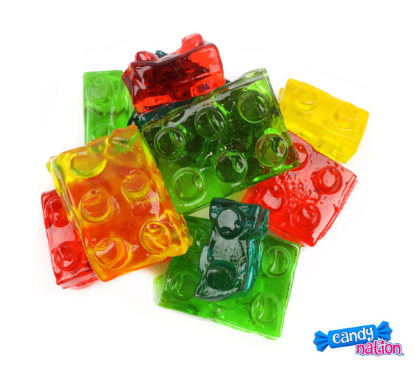 Assorted colorful 3D gummy building blocks, 2.2 LB bulk bag, approx 176 fruity flavored candy bricks.