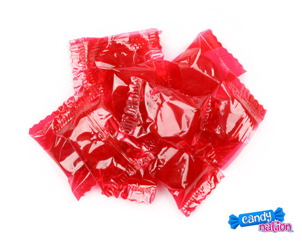 Vibrant red, individually wrapped cinnamon hard candy buttons, spicy solid disks, 31 LB bulk case, many pieces.