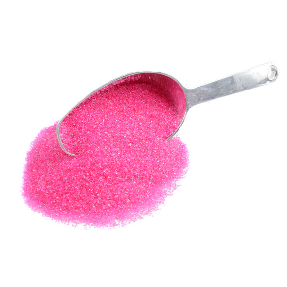 Sparkling vibrant pink sanding sugar crystals, ideal for decorating baked goods, cookies, cakes, and candies.