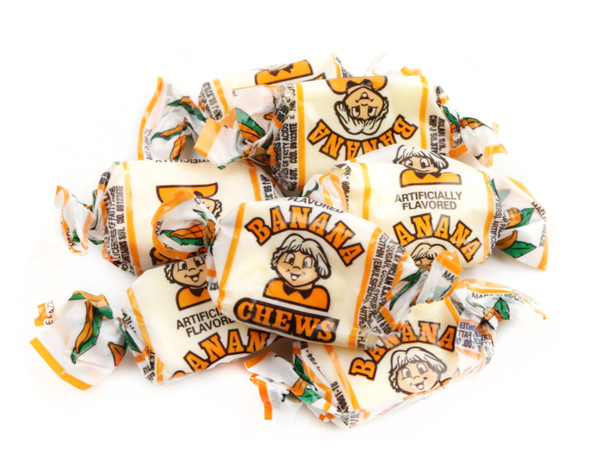 Alberts Banana Fruit Chews, 18 yellow bags, 240 count per bag, individually wrapped.