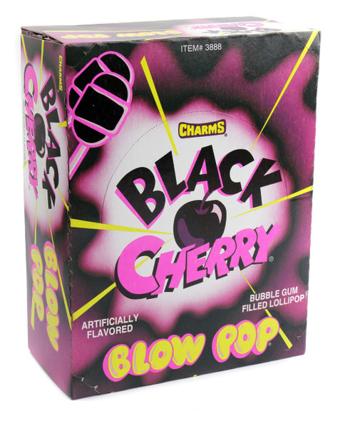 Twelve boxes of Charms Black Cherry Blow Pops, 48 dark red lollipops each, bubblegum center.