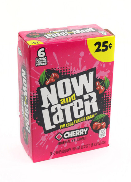 Now and Later Cherry red hard taffy squares, 12 packs each containing 6 individually wrapped pieces.