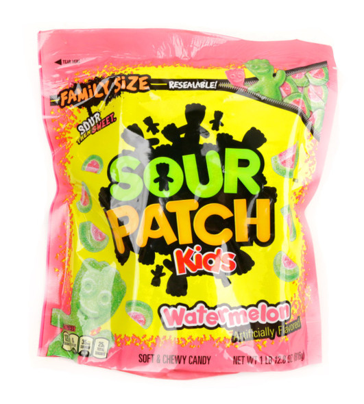 Sour Patch Watermelons, green and red watermelon shaped gummies, sweet, sour, covered in white crystals, 90 per lb.