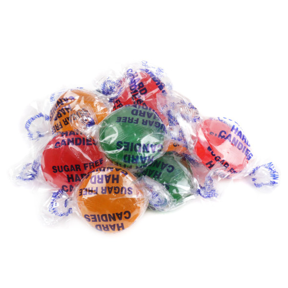 Arcor Sugar Free Assorted Fruit Hard Candy, 6LB. Bulk bag of colorful red, green, yellow, orange fruit hard candies, individually wrapped.