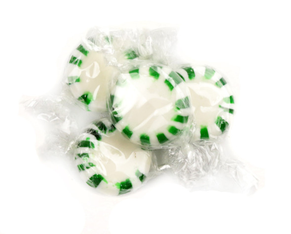 Bright green striped Quality Spearmint Starlight Mints, 5LB bulk bag, individually wrapped, approx 500 mints.