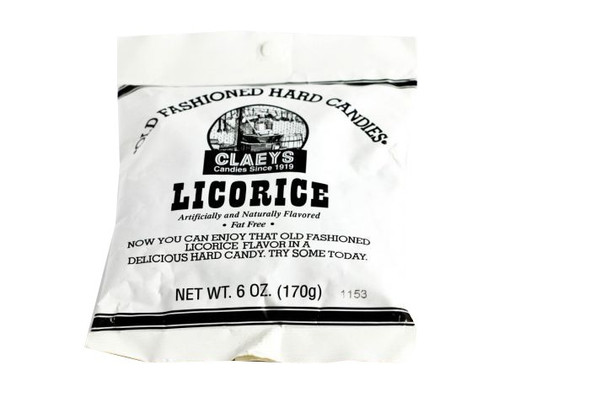 Claey's Old Fashioned Black Licorice Hard Candy Drops, dark black, 24x 6oz packs, approx 42 pieces per bag.