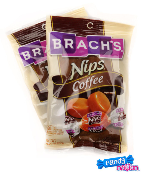 12-pack of Coffee Nips, 3.25oz bags, with brown, melt-in-your-mouth coffee-flavored hard candies.