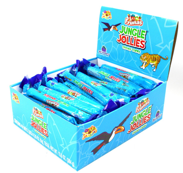 Jungle Jollies blue raspberry taffy candy. 18 boxes containing 48 bright blue pieces each.