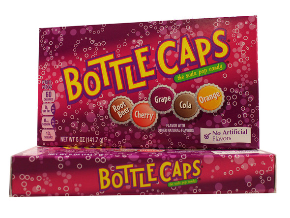 Bottle Caps retro candy, 10 pack of 5oz theater boxes. Assorted cola, cherry, grape, rootbeer, orange flavors.