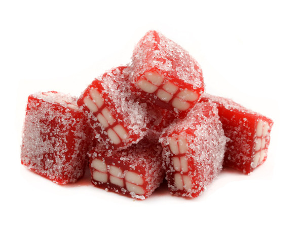 Red Strawberry Licorice Bricks, sour sugar coated with creamy filling. Approx 75 pieces per pound.