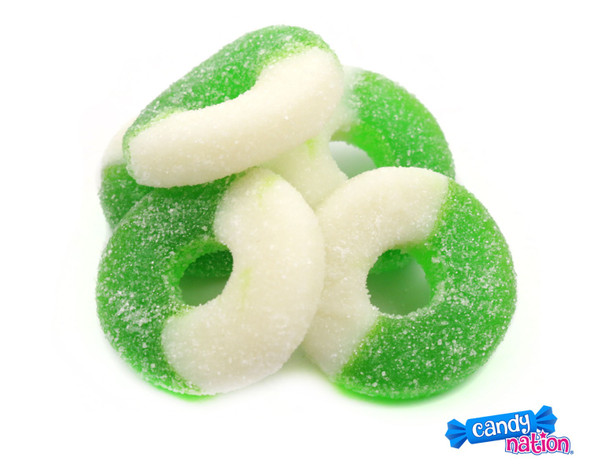 Albanese Gummy Apple Rings, 4.5 LB bulk bag, green and white sugar-coated candy rings.