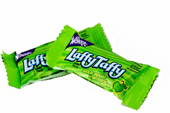 8 green tubs Laffy Taffy Sour Apple candy. 145 tangy green pieces with jokes per tub, 1160 total pieces.