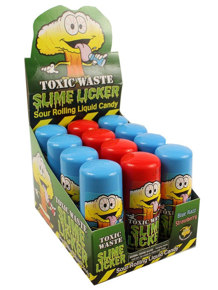 Toxic Waste Slime Licker Sour, 8 packs with 12 blue raspberry and red strawberry liquid sour candy lickers.