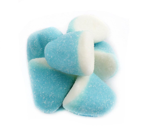 Blue raspberry gummy drops, sugar-dusted, approximately 80 pieces per pound, shown in bulk.