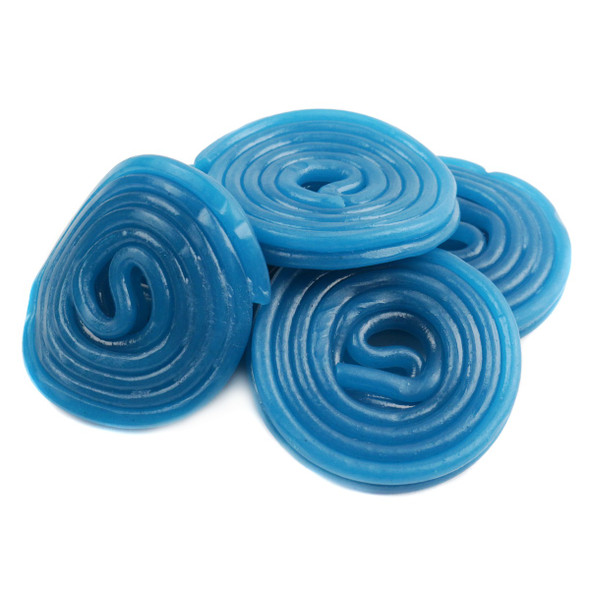 Four 4.4LB bulk bags of vibrant blue raspberry licorice wheels, many coiled blue candies visible.