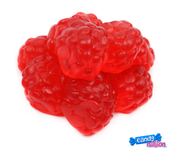4/5lb case of plump, soft, red raspberry-shaped gummy candies.