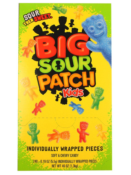 Big Sour Patch Kids, individually wrapped, assorted red, green, orange, yellow chewy sour then sweet candy. 240 pcs, 8 boxes.