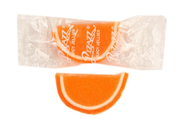 Bulk 20lb orange jelly fruit slices, sugar-drenched, individually wrapped in clear cellophane. Approx 32 slices per pound.