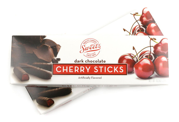 Sweets Dark Chocolate Cherry Sticks, 10.5oz box, 12 count case. Rich dark chocolate covered cherry jelly candy.