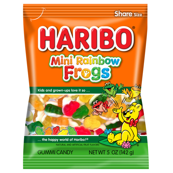 Haribo Mini Rainbow Frogs, bright multi-colored gummy candy, 12 five-ounce packs.