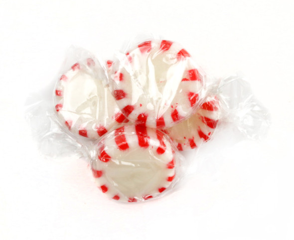 Arcor Peppermint Starlight Mints, red and white striped round hard candies, 6x6lb bulk bags, approx 90 mints per pound.