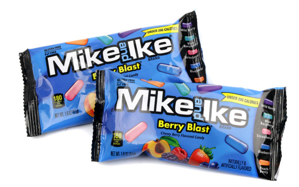Mike & Ike Berry Blast, 24 individual 1.8oz bags. Assorted blue, red, purple, and orange berry flavored fruit chews.