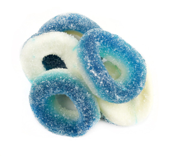Blue Raspberry Gummy Rings, bright blue and white, 4x 5lb Kervan bulk bags, approx 1100 rings total.