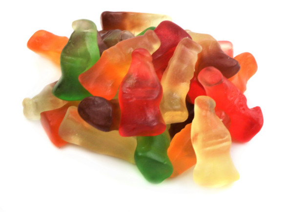 Gummy Soda Pop Mix, 2.2LB bag, colorful orange, lemon-lime, cola, grape soda bottles, 1.5'' tall. Product of Spain.