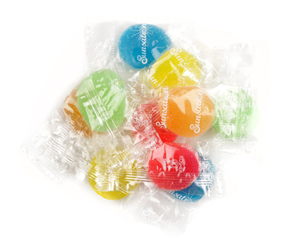 Sunsations Assorted Fruit Jells, individually wrapped, bulk 20lb. Rainbow colors, assorted fruit flavors.