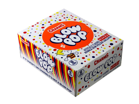 Cherry Blow Pops, 48 tangy red hard candy lollipops, bright pink bubblegum centers, 12 packs.