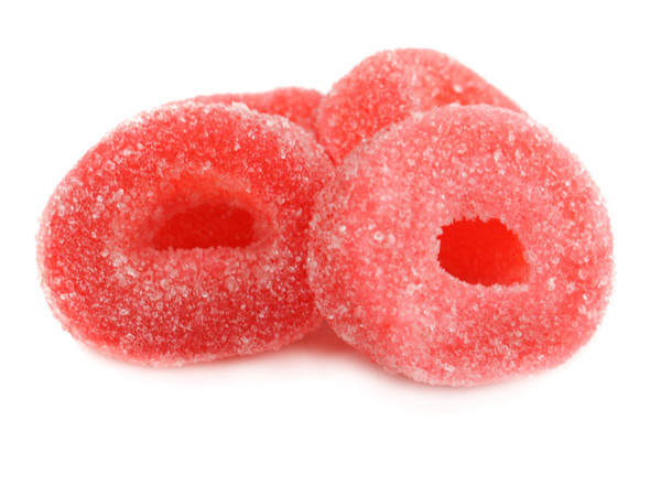 Vibrant red, soft watermelon gummy rings. Sweet flavor, 4 x 5lb bags, approx 55 rings per pound.