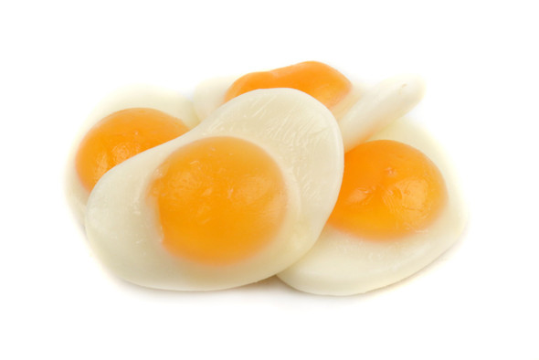 Mini Gummy Eggs, peach candy flavor, sunny-side-up, yellow and white, bulk 12/2.2lb case.