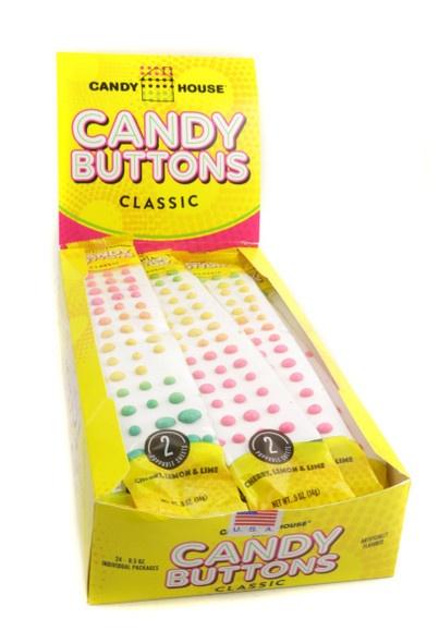 Multi-colored Candy Buttons on paper, 24 individually wrapped 0.5oz bags, classic retro candy.