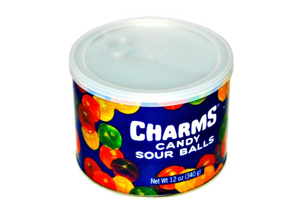 Charms Sour Balls 12oz tin, colorful assorted sour fruit candies.